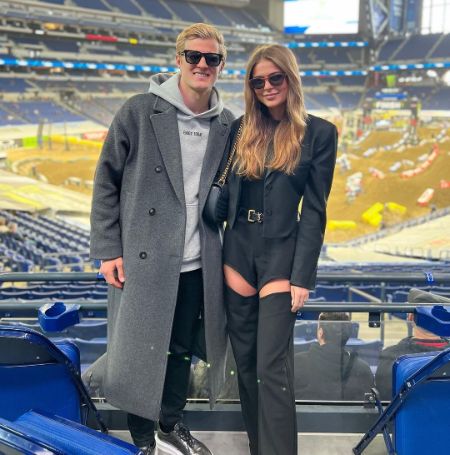 Marcus Ericsson and his girlfriend, Iris Tritsaris Jondahl, took a picture at Lucas Oil Stadium.
